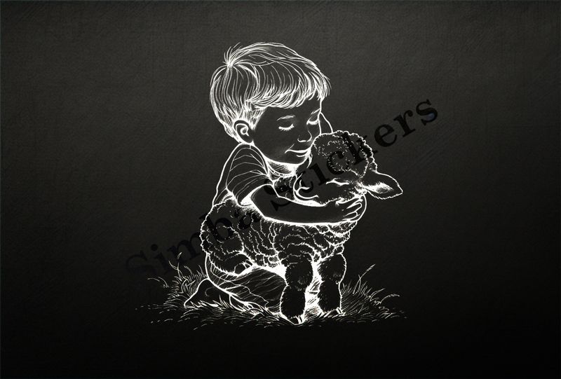 Sheep lamb hugged by a small boy , outline art