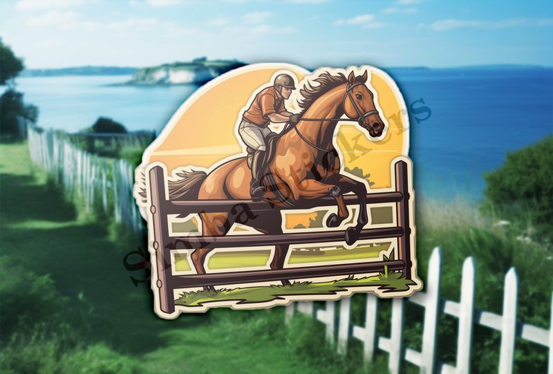 Horse with rider jumping over a fence, golden sky in background