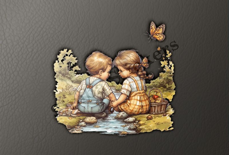 Boy and girl in love, in a stream, watercolour