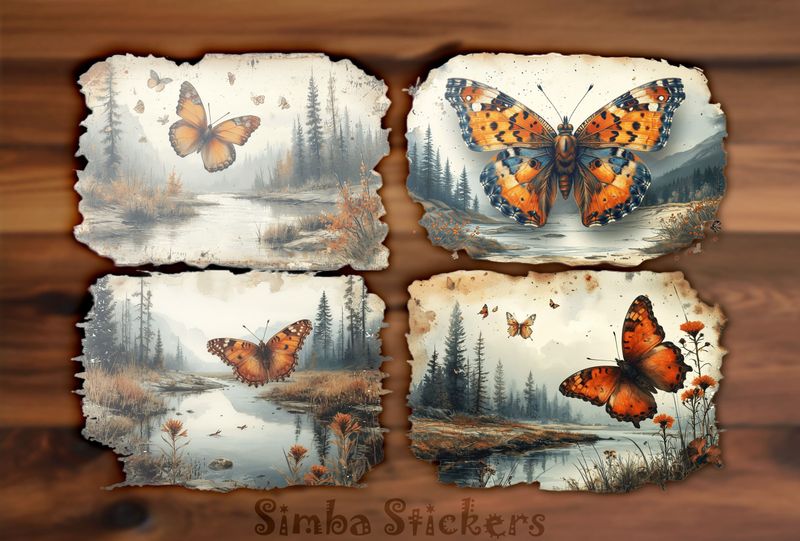 Butterflies floating above rivers, 4-in-1, vintage, ovoilc
