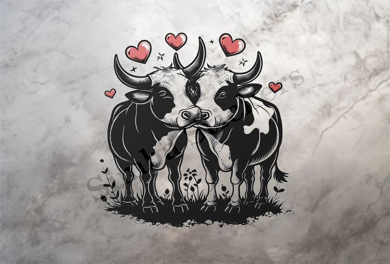 Bull and cow in love , standing in the grass, outline art