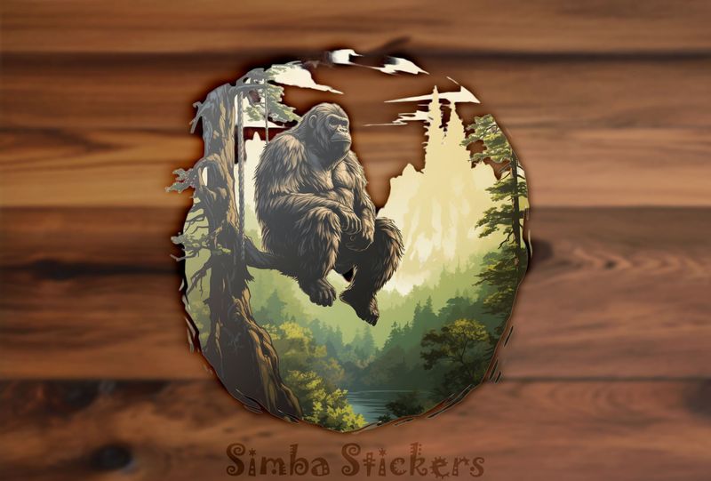 Gorilla thoughtfully sitting on a branch overlooking a lake, kcr3gw