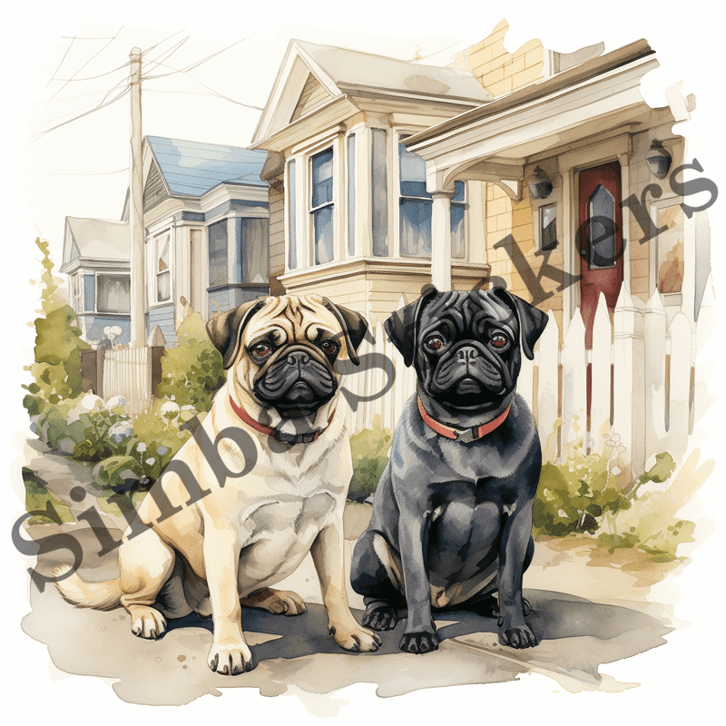Pug dogs outdoors, image set, 10 images