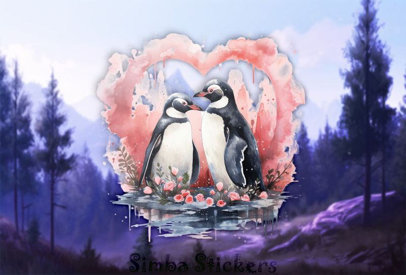 Penguins in love beak-to-beak in romantic flowers, watercolour, 0cqdo6