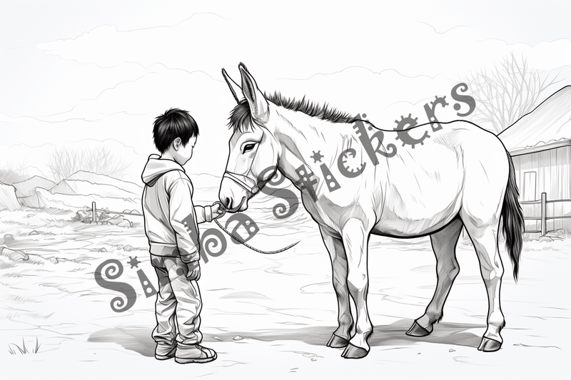 Colouring pages, bundle of donkeys with children, 25 images