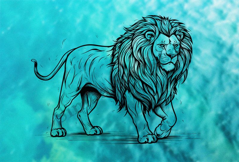 Lion walking majestically, outline art