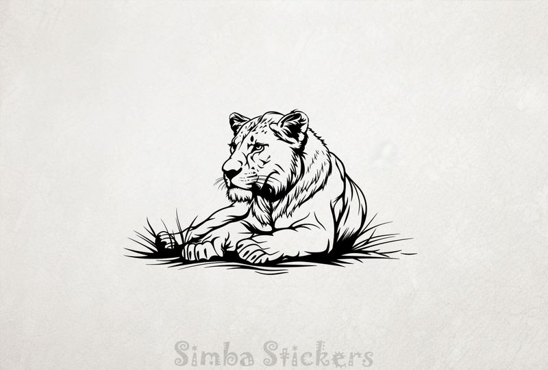 Lioness resting atentively in the Savanna, outline art, 1r0yyl