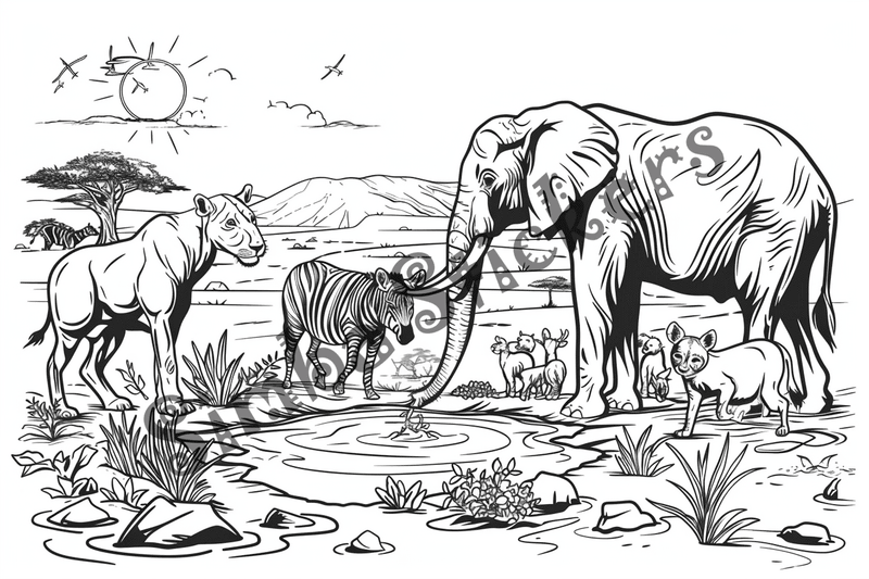 Colouring pages, bundle of African Savanna landscape, 25 images