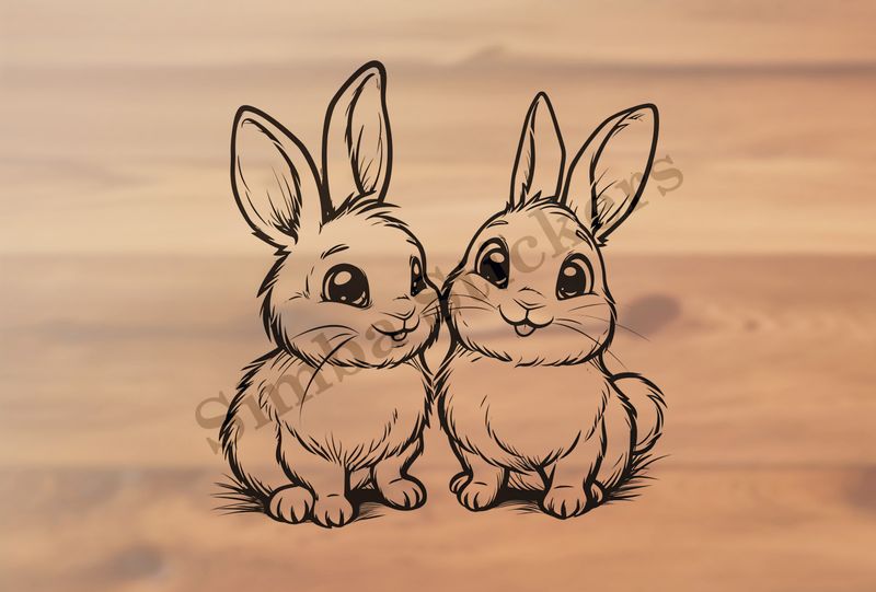 Bunnies in love, smiling,  outline art