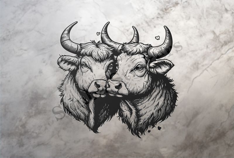 Cattle,  cheek-to-cheek, horns locked, outline art