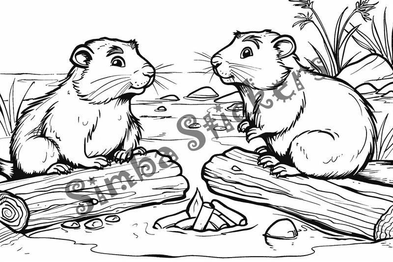Colouring pages, bundle of groundhogs on or near tree logs, 10 images