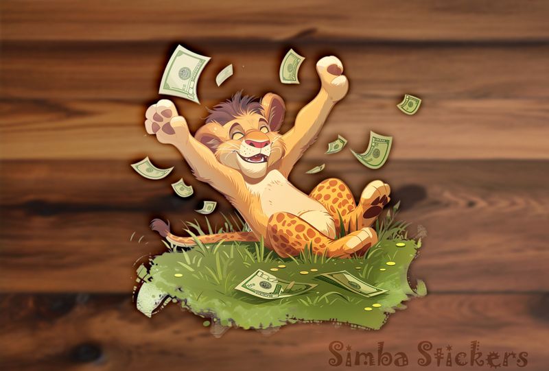 Simba Lion cub waving arms throwing money