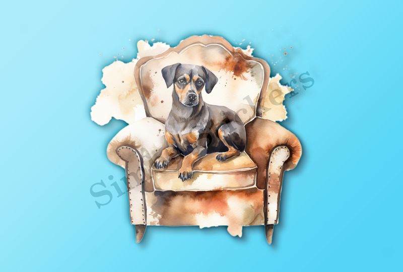 Dog sitting in armchair, watercolour