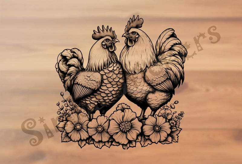 Hen and rooster chicken in love, over flowers