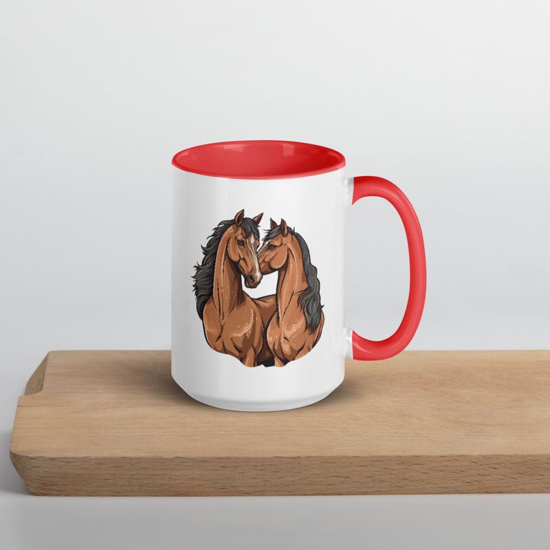 White Ceramic Mug with Color Inside, 11&amp;15oz, Two brown horses snuggling, tdwcyd