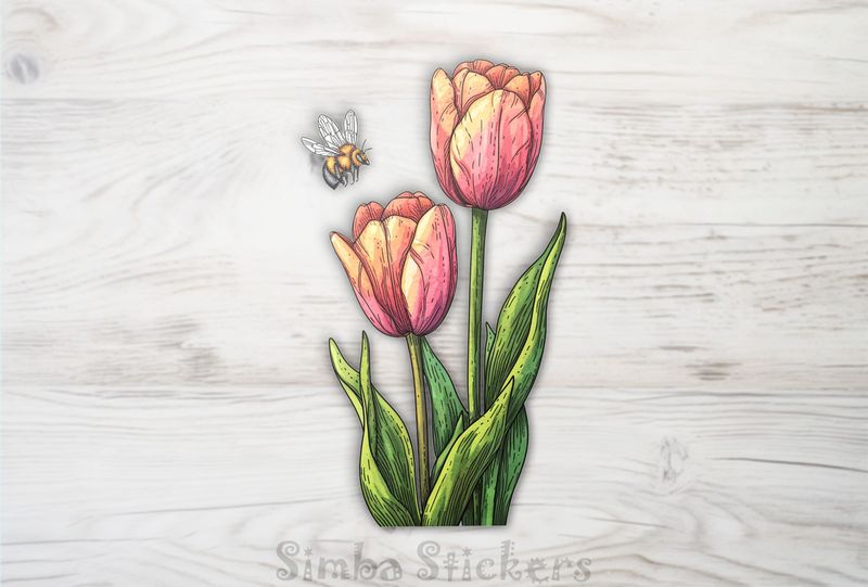 Bees flying above tulip flowers, watercolour
