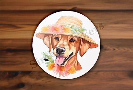 Dog in a flowery hat, with flowers