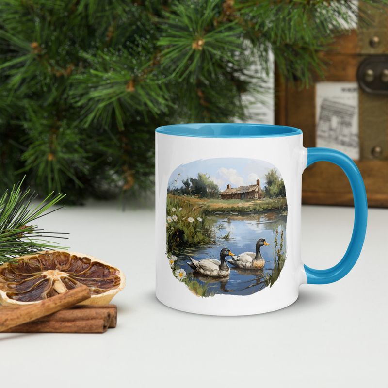 White Ceramic Mug with Color Inside, 11 &amp;15oz, Ducks in love swimming in farmhouse pond 