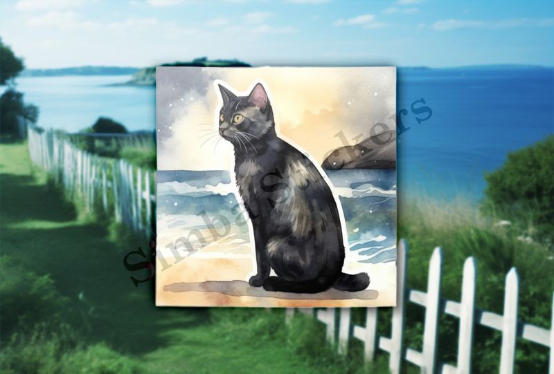 Cat, black, on the beach, watercolour
