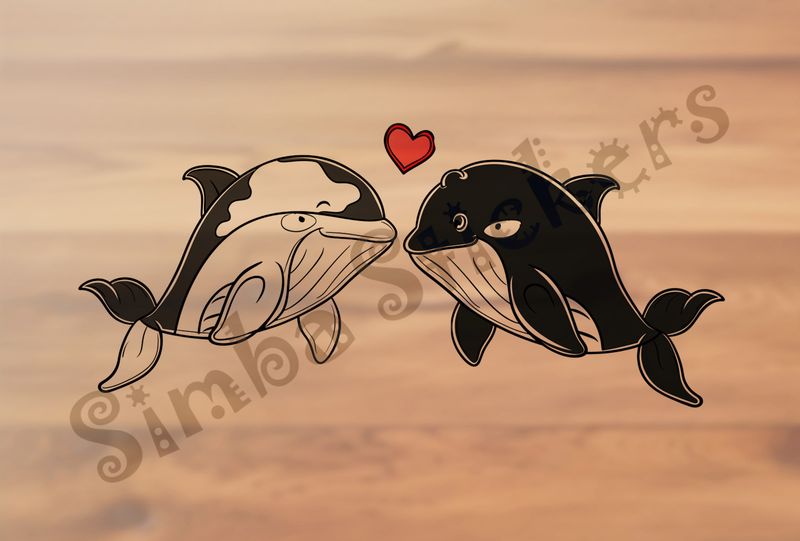 Whales nose-to-nose in love, red Valentine&#x27;s heart above, outline art