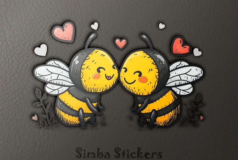 Bees in love cheek-to-cheek, with romantic hearts, watercolour