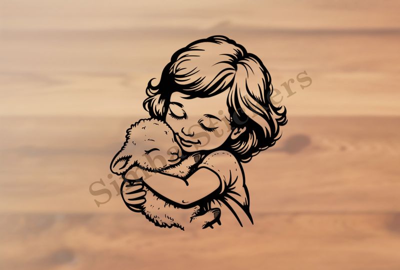 Small lamb cheek-to-cheek in amrs of little girl , outline art