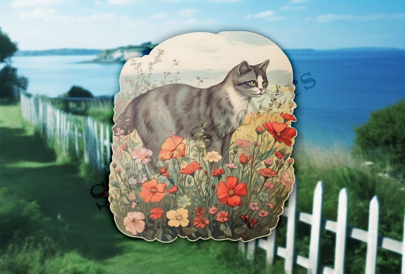 Vintage cat in flower field