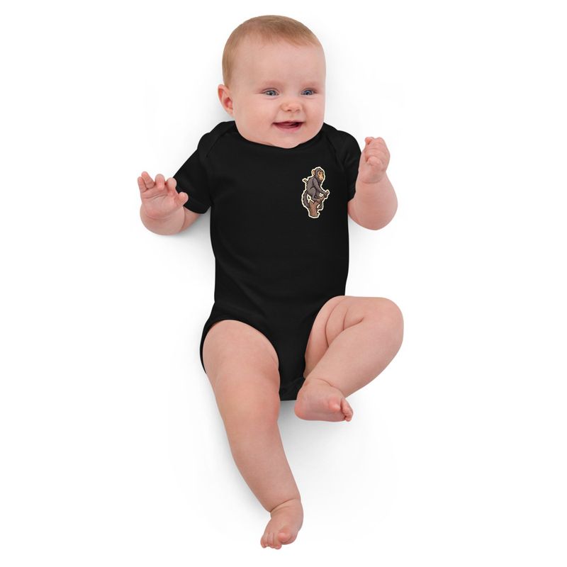 Organic Cotton Baby Bodysuit, 3-18 months, Baboon on a tree, looking sad, left chest