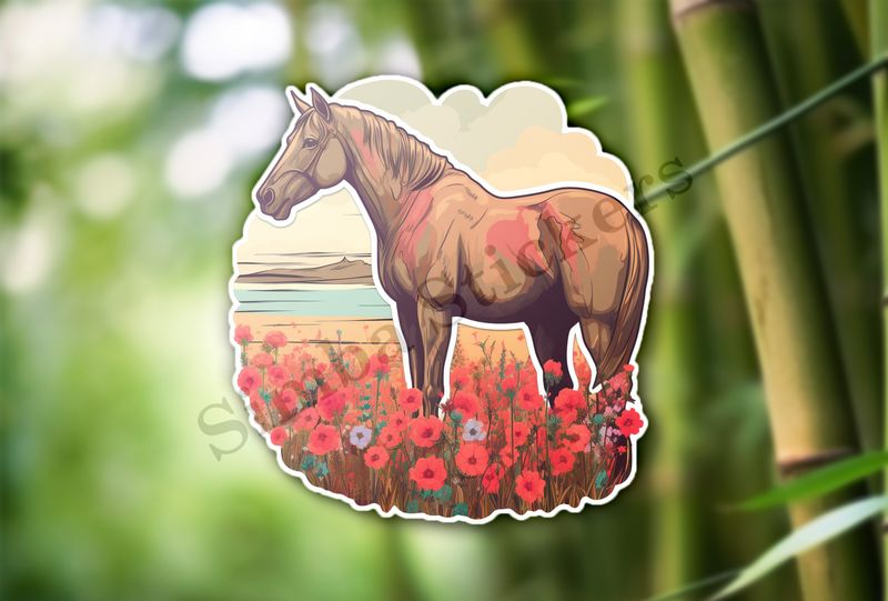 Brown horse behind red flowers