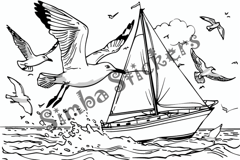 Colouring pages, bundle of seagulls harassing boats, 10 images