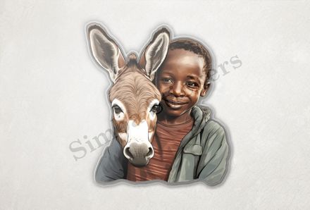 Donkey hugged by child of African origin