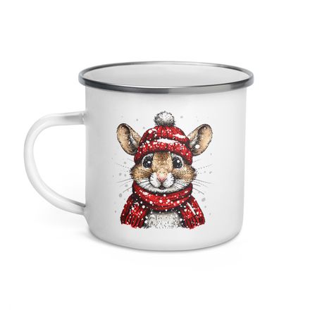 Enamel Mug, Mouse wearing red winter hat and scarf in the snow, xg8dl3