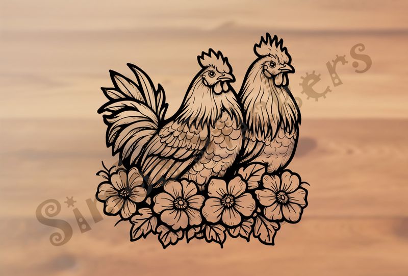Rooster and hen chicken cuddling over flowers, outline art