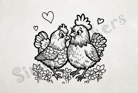 Rooster and hen chicken in love, romantic hearts, outline art