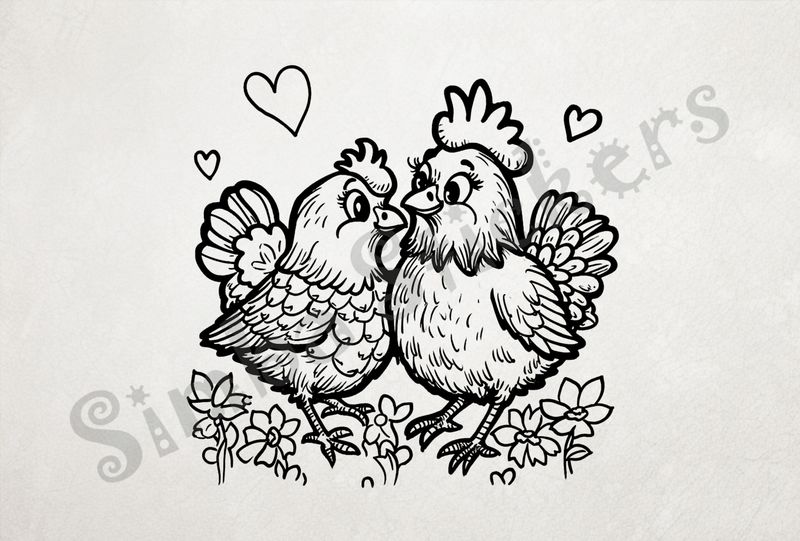 Rooster and hen chicken in love, romantic hearts, outline art
