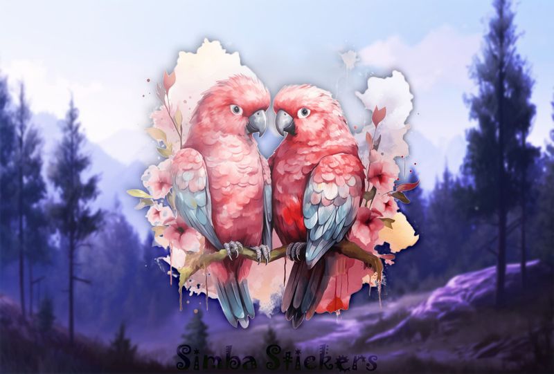 Reddish parrots perching in pinkish background, watercolour, kzebwr