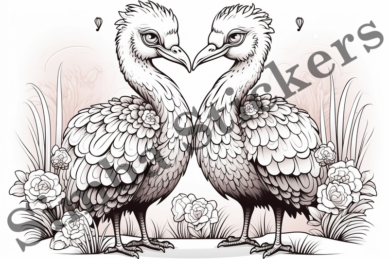 Colouring pages, Bundle of ostriches in love, 10 images