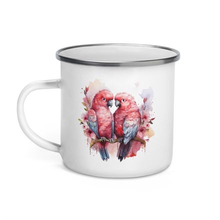 Enamel Mug, Reddish parrots perching in pinkish background, watercolour, kzebwr