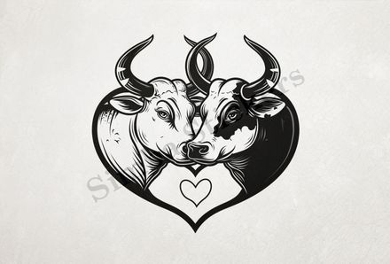 Cattle,  cheek-to-cheek, in heart frame, outline art