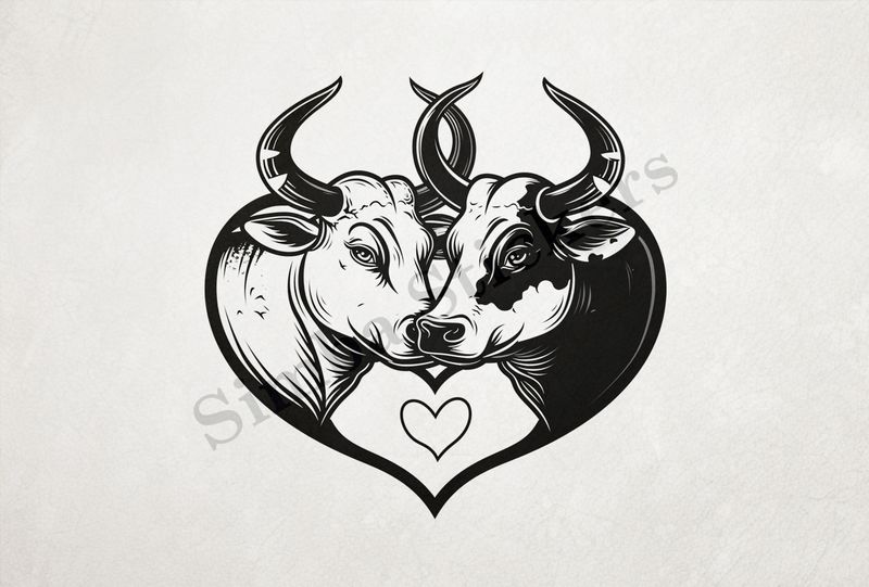 Cattle,  cheek-to-cheek, in heart frame, outline art