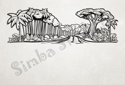 Equatorial Rainforest landscape, trees with large leaves, outline art