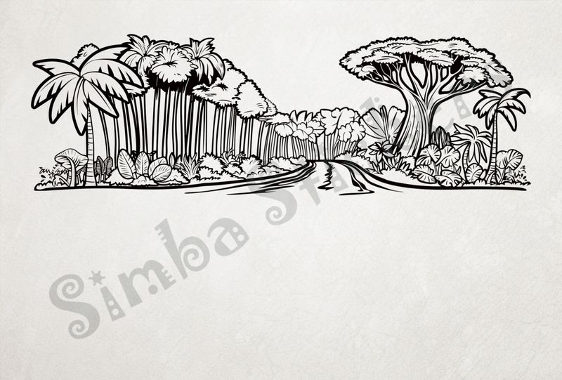 Equatorial Rainforest landscape, trees with large leaves, outline art