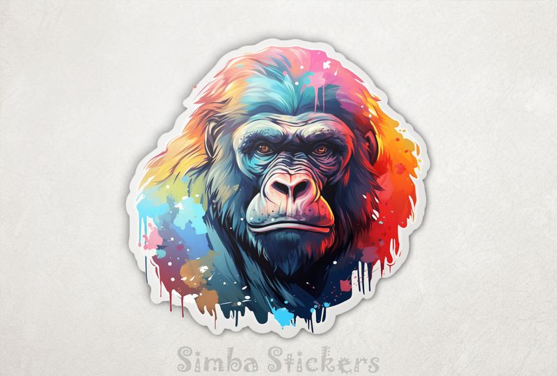 Gorilla staring straight ahead, colourful watercolour, vzntby