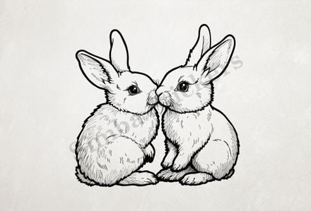 Bunnies in love, nose-to-nose, outline art
