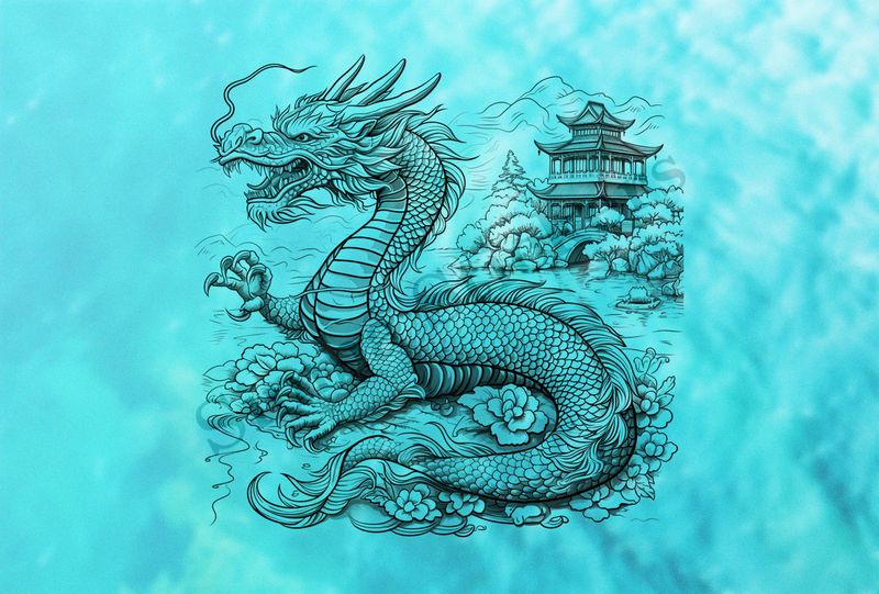 Chinese dragon across the pond from stylish house, outline art