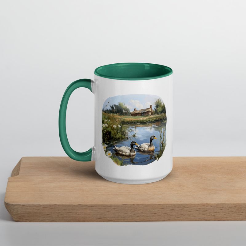 White Ceramic Mug with Color Inside, 11 &amp;15oz, Ducks in love swimming in farmhouse pond 