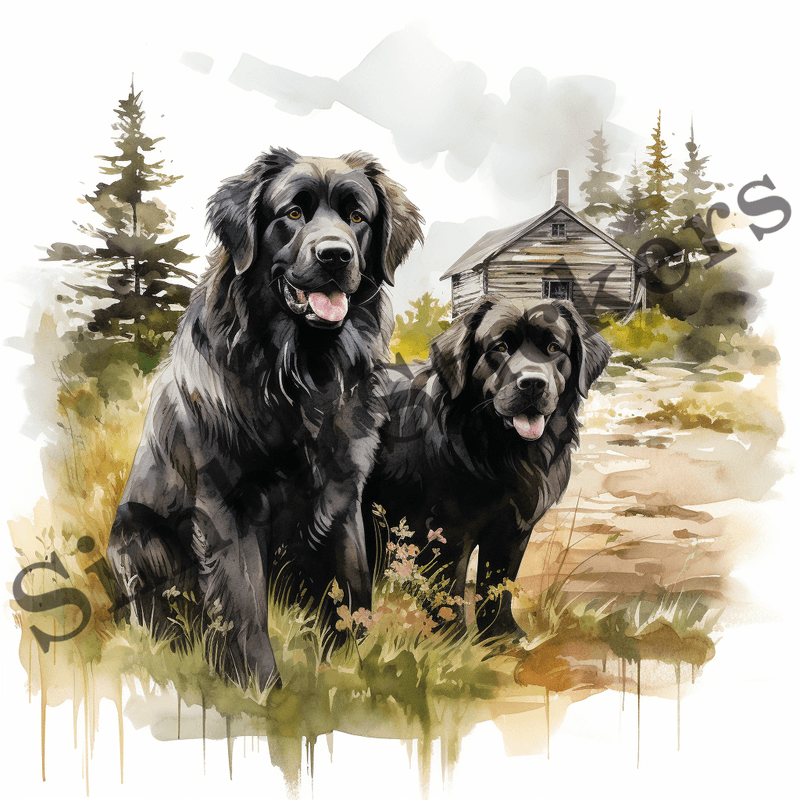 Newfoundland dogs, watercolour, image set, 10 images