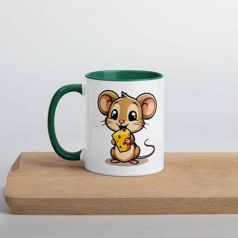White Ceramic Mug with Color Inside,11&amp;15oz,Small Mouse happily licking large chunk of cheese,pqapy6