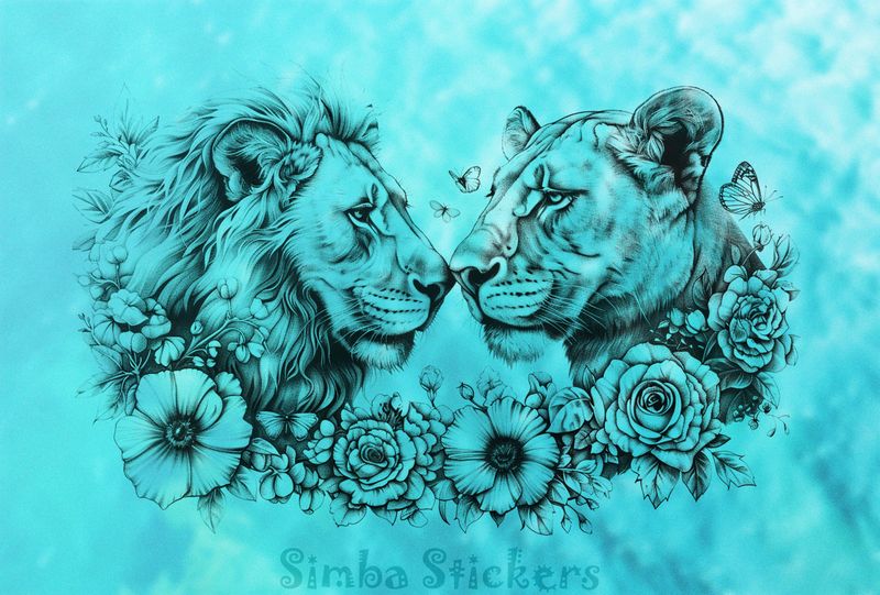 Male with lioness among flowers, outline art, nqgi2b