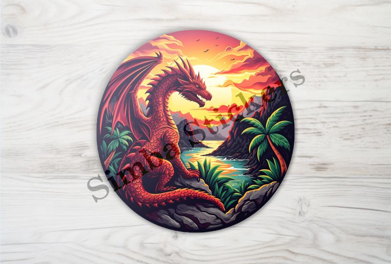 Red dragon, sun in background, in tropical surroundings